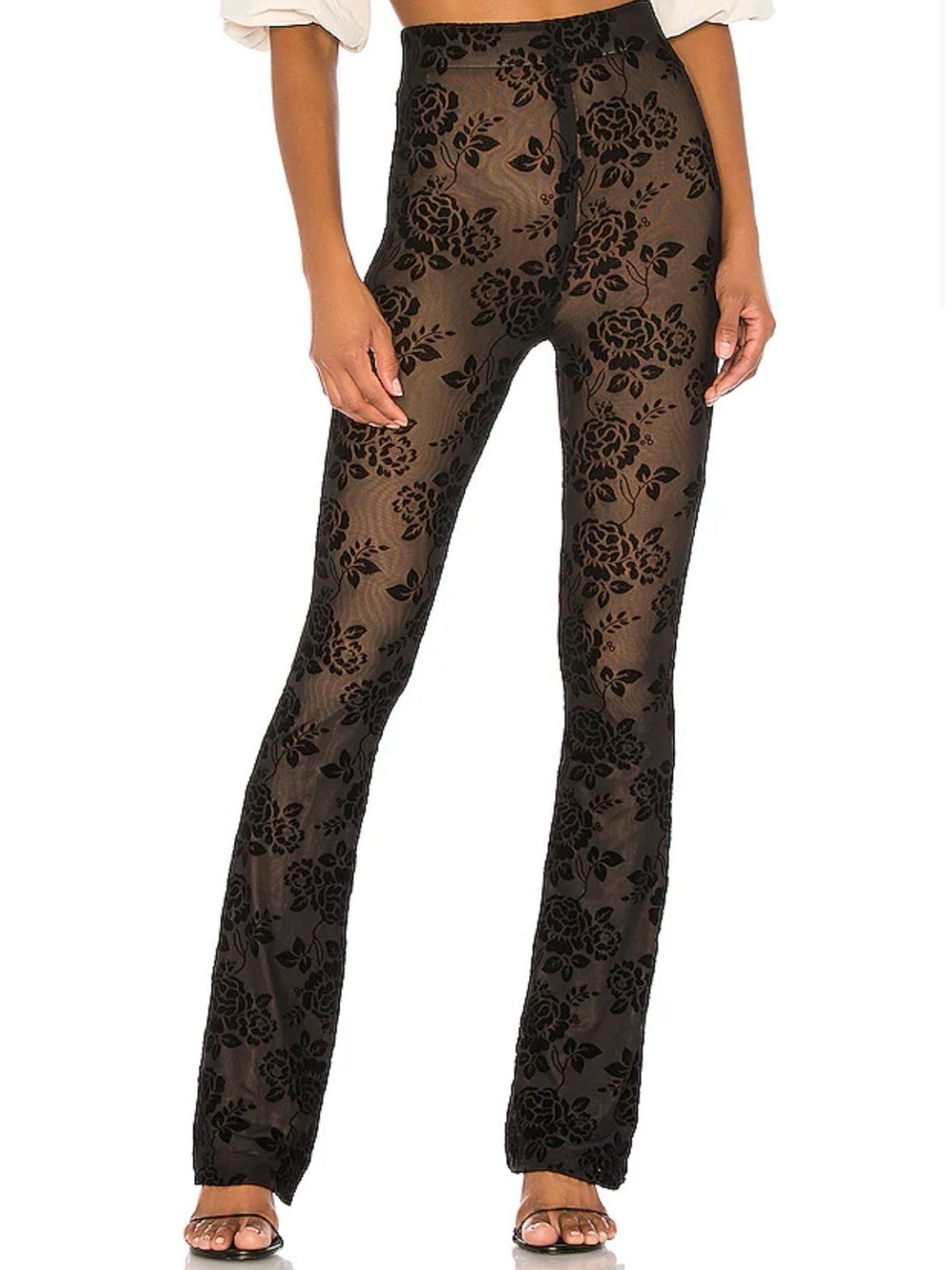 Majorelle Lars Pant XS Black Flocked Floral Mesh Flare Pants Sheer Lined